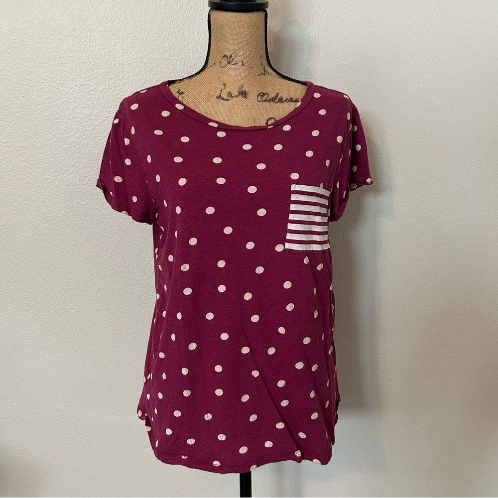 LOFT Burgundy and White Polka Dot Tee